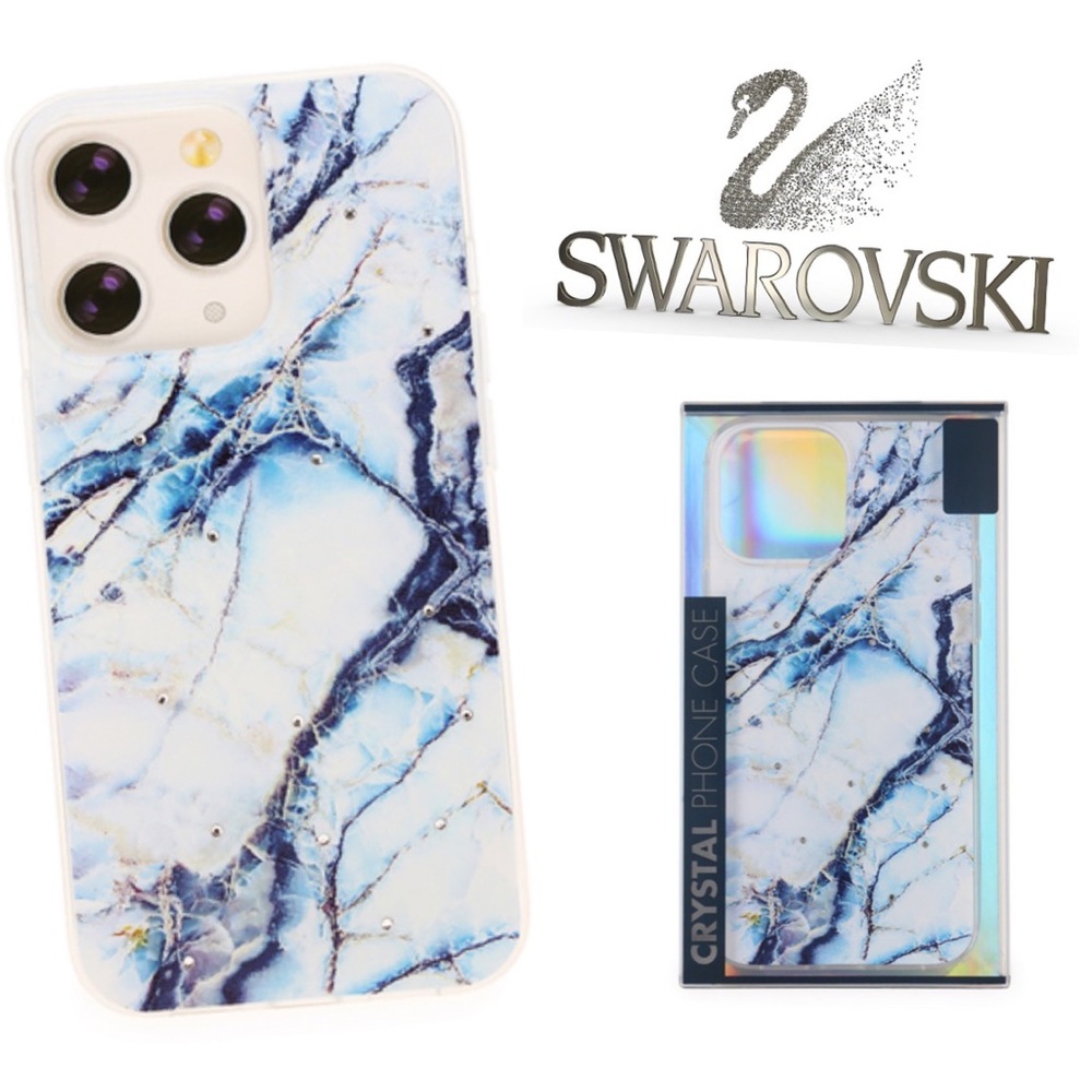 SWAROVSKI Crystals Navy White Marble Granite iPhone 12 13 PRO MAX  Case